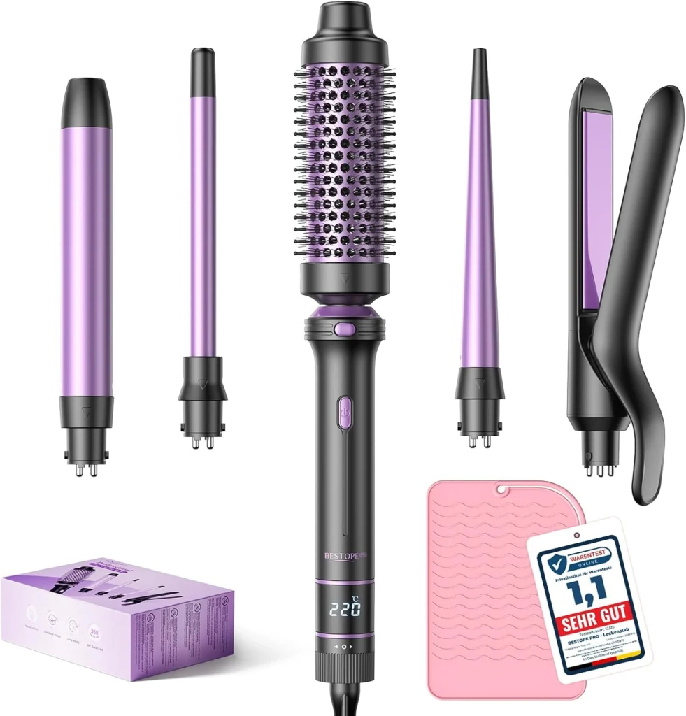Kit fer à boucler BESTOPE PRO 5 en 1 avec embouts interchangeables, lisseur et brosse thermique, bi-tension
