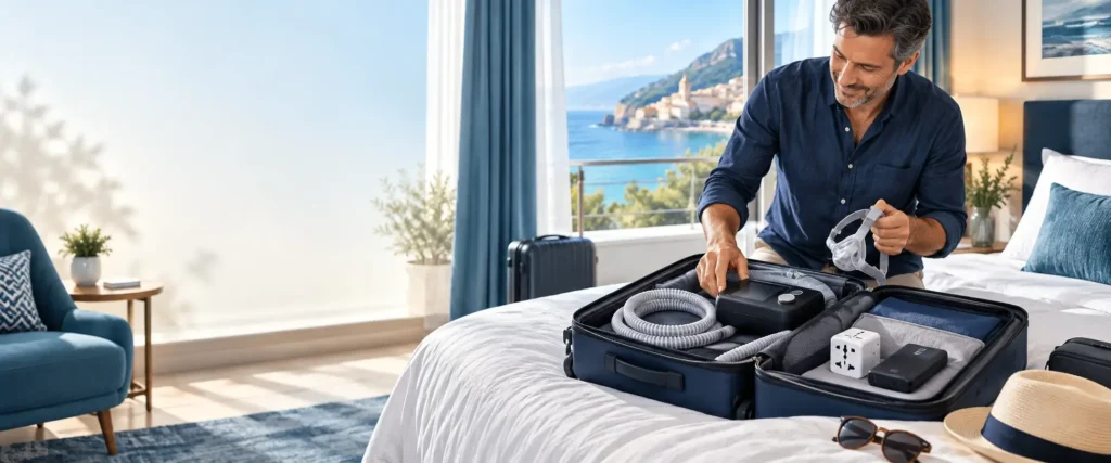 Appareil CPAP, masque, adaptateur universel et batterie de secours prêts à être rangés dans une valise, dans une chambre d’hôtel.
